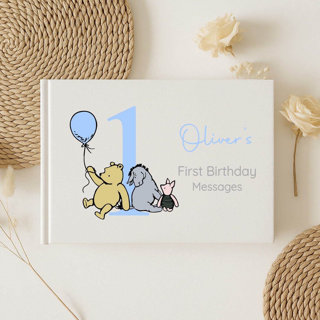 Personalised Blue Pooh Bear First Birthday Party Guest Book