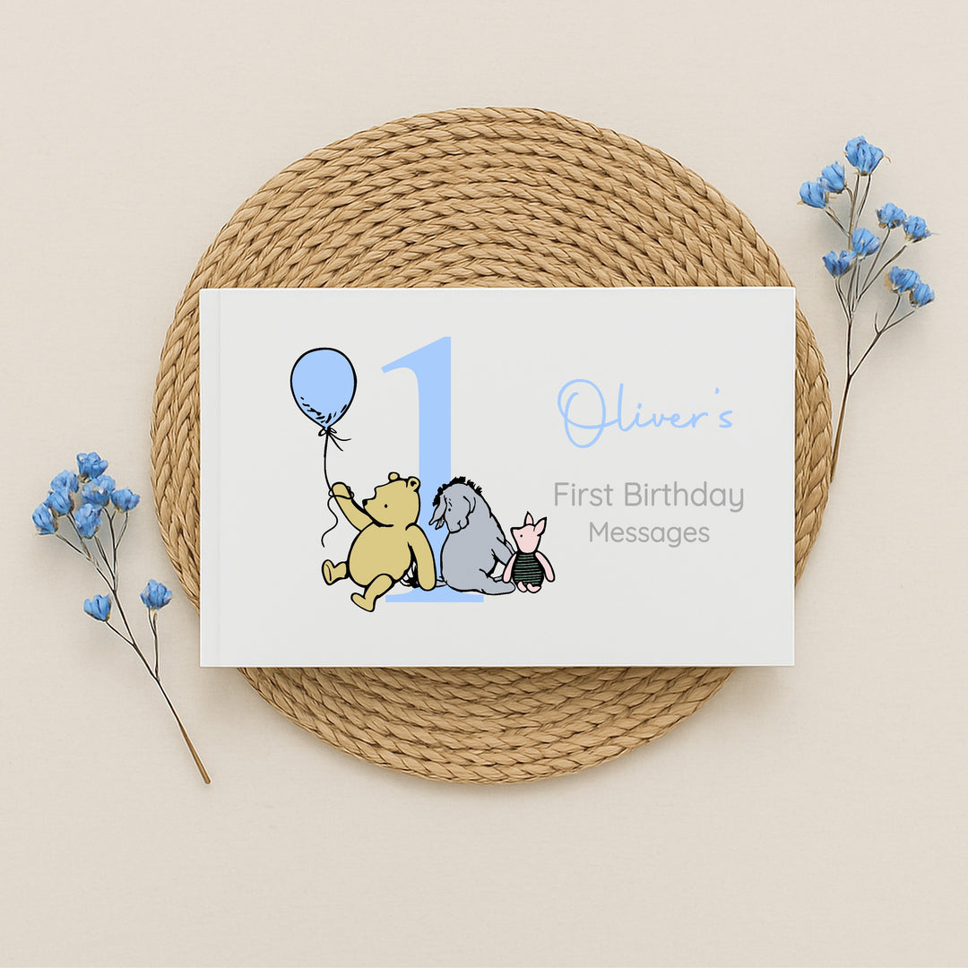 Personalised Blue Pooh Bear First Birthday Party Guest Book