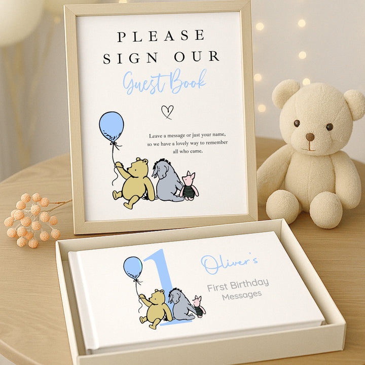 Personalised Blue Pooh Bear First Birthday Party Guest Book