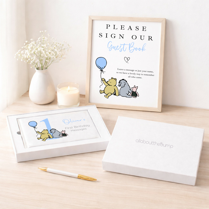 Personalised Blue Pooh Bear First Birthday Party Guest Book