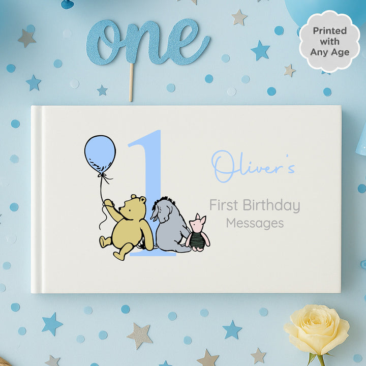 Personalised Blue Pooh Bear Any Age Birthday Party Guest Book