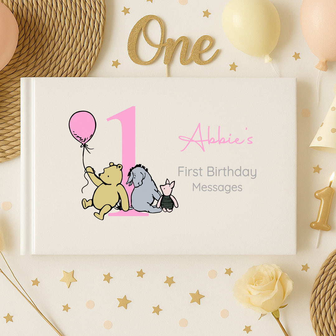 Personalised Pink Pooh Bear First Birthday Party Guest Book