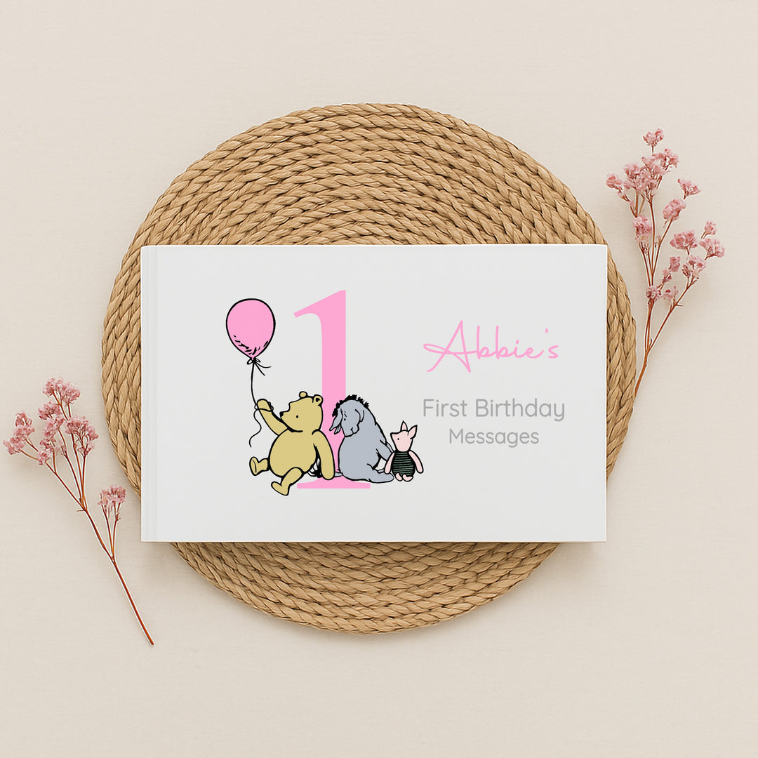 Personalised Pink Pooh Bear First Birthday Party Guest Book