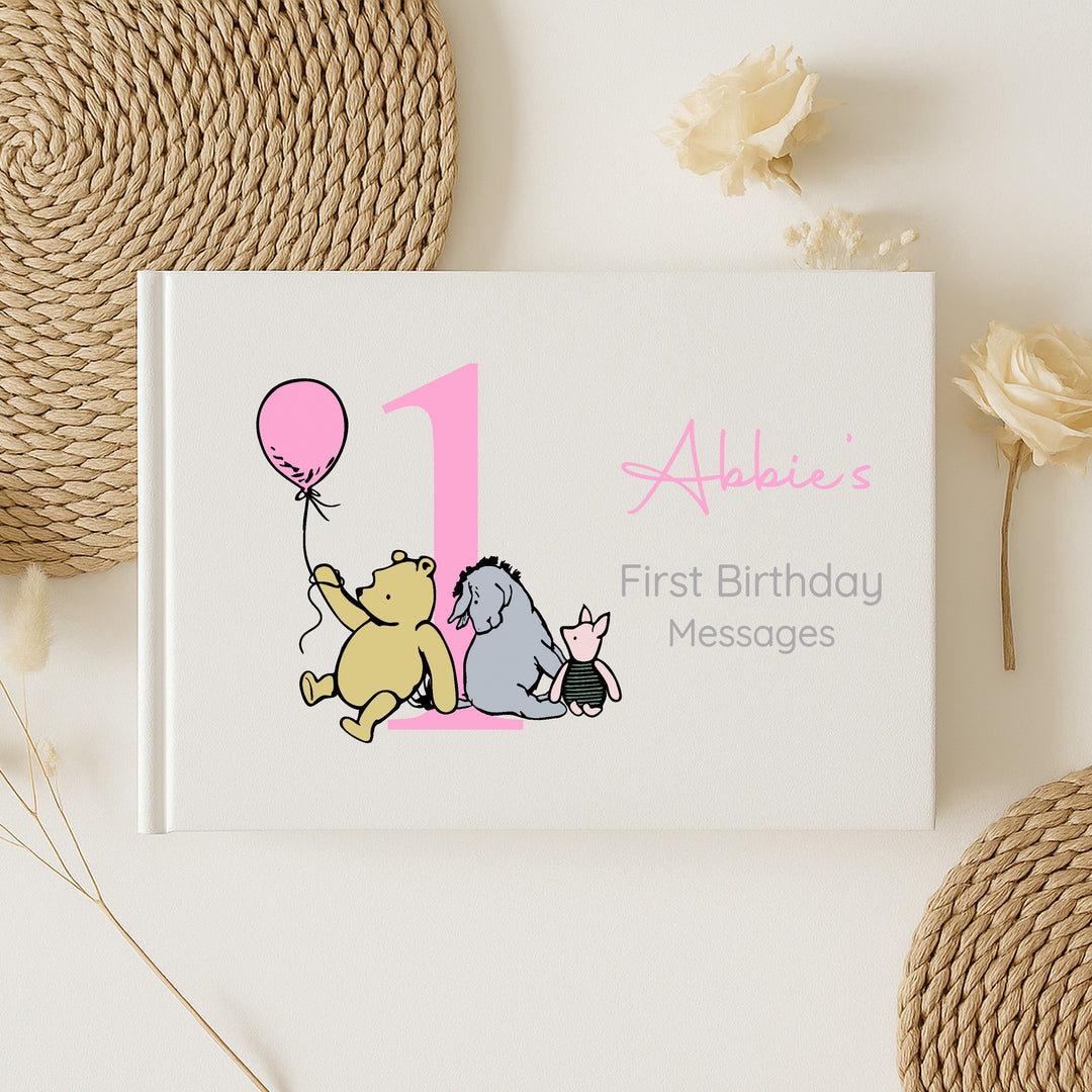 Personalised Pink Pooh Bear First Birthday Party Guest Book