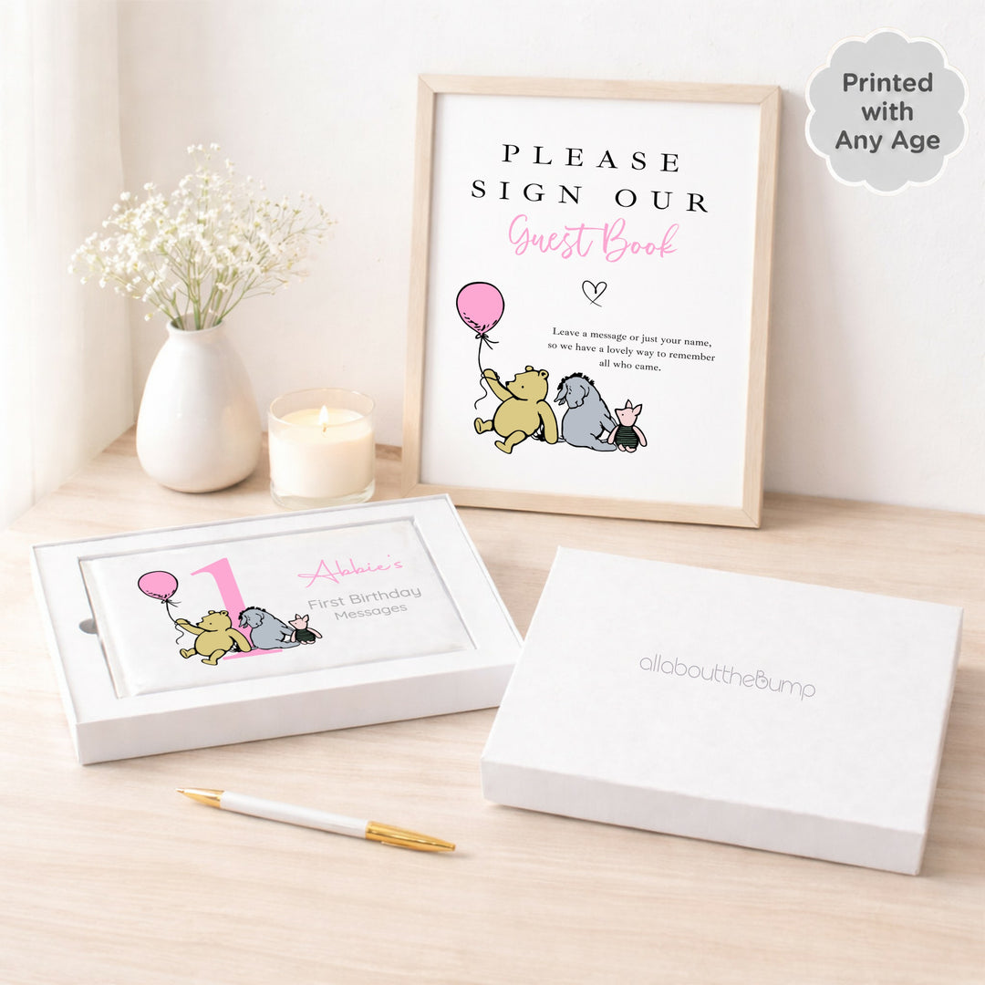 Personalised Pink Pooh Bear Any Age Birthday Party Guest Book