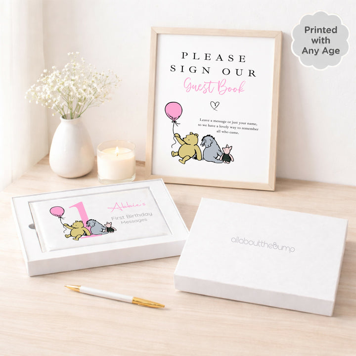 Personalised Pink Pooh Bear Any Age Birthday Party Guest Book