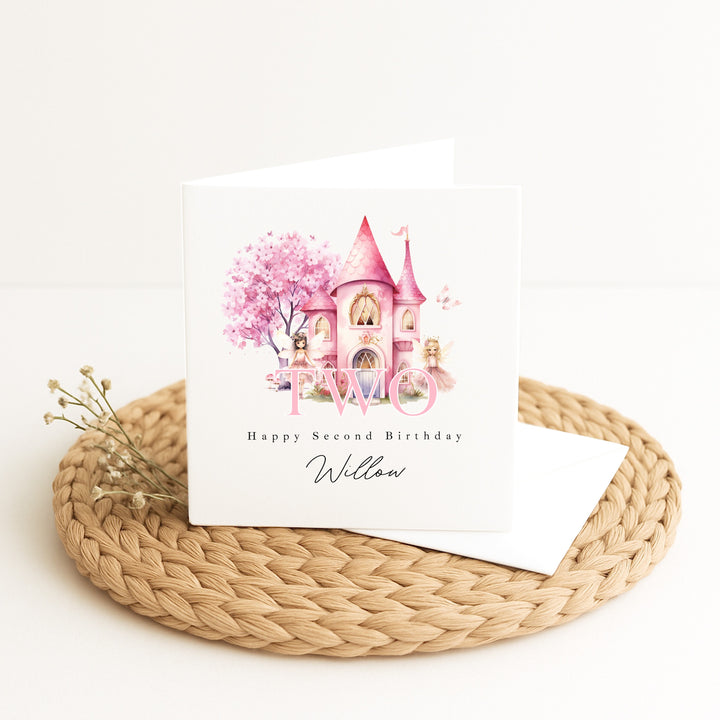 Personalised Pink Fairy Castle Birthday Card