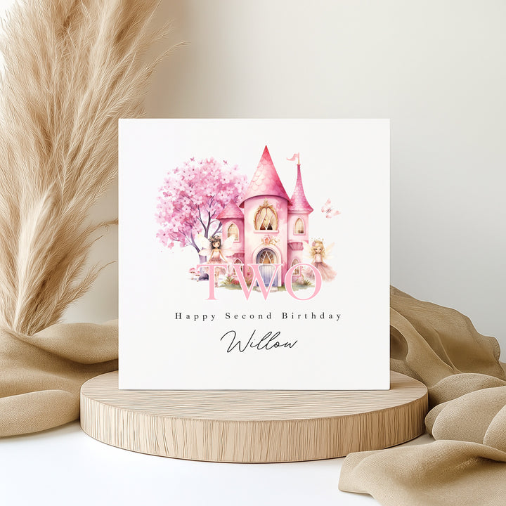 Personalised Pink Fairy Castle Birthday Card