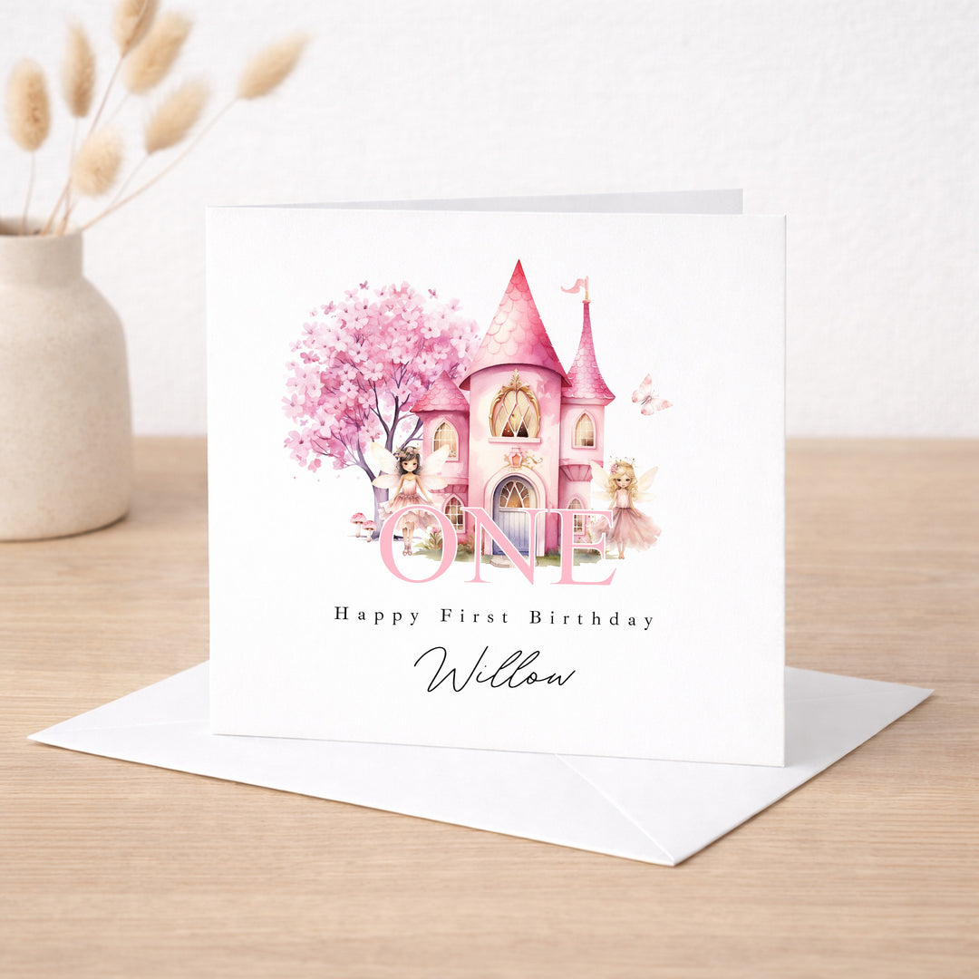 Personalised Pink Fairy Castle Birthday Card