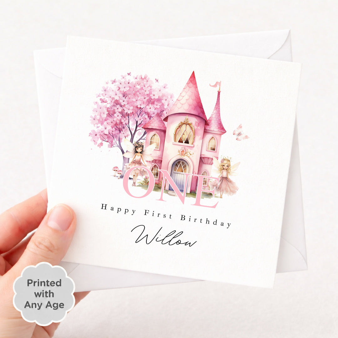 Personalised Pink Fairy Castle Birthday Card