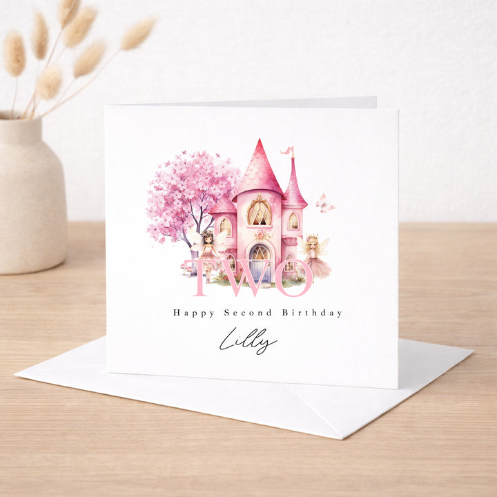 Personalised Pink Fairy Castle Birthday Card