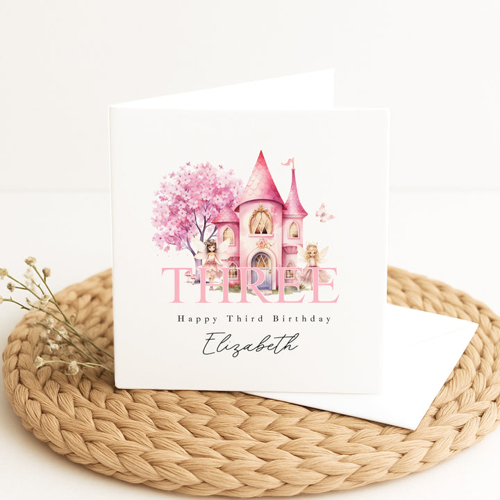 Personalised Pink Fairy Castle Birthday Card