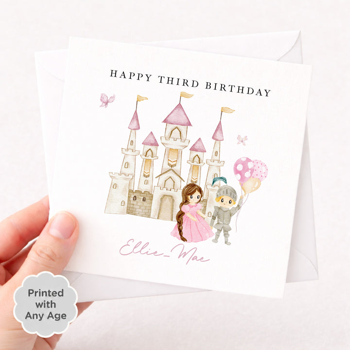 Personalised Pink Princess Castle Any Age Birthday Card