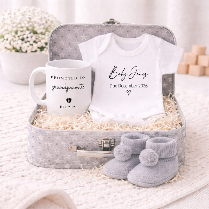 Personalised Promoted To Grandparents Grey Suitcase Hamper Set
