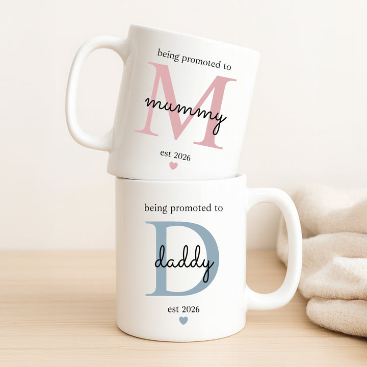 Personalised Being Promoted To Mummy &amp; Daddy Est Mug Set