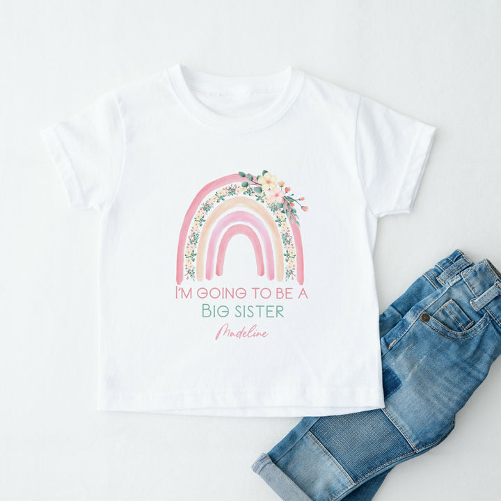 Personalised Promoted To Big Sister Floral Rainbow T-shirt