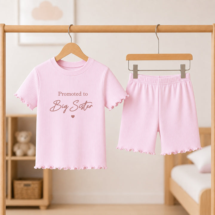 Promoted To Big Sister Girls Frilly Ribbed Shorts Set