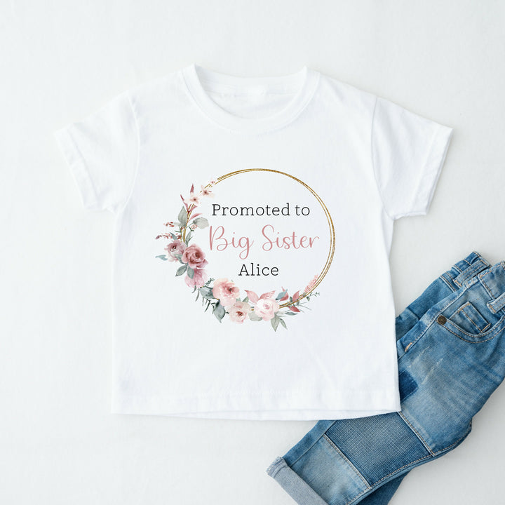 Personalised Promoted To Big Sister Floral Wreath T-shirt