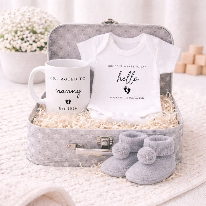 Personalised Promoted To Nanny Grey Suitcase Hamper Set