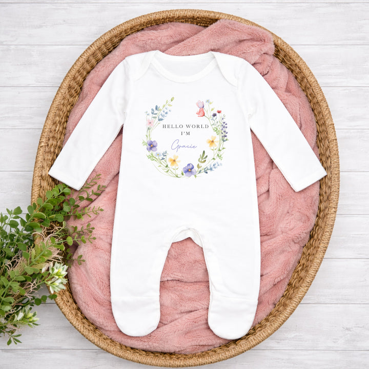 Personalised Floral Wreath Baby Grow &amp; Pink Rabbit Set