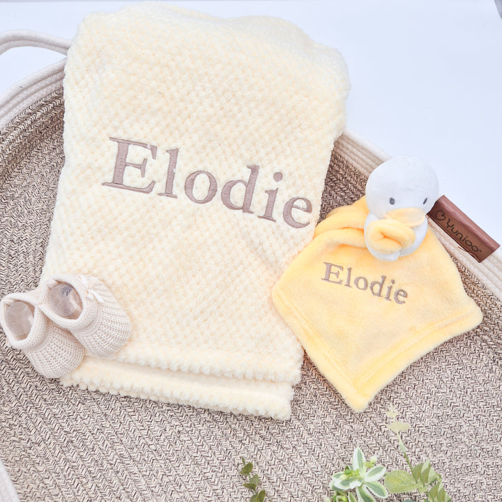 Unisex Yellow Blanket and Duck Comforter Personalised Gift Hamper Set