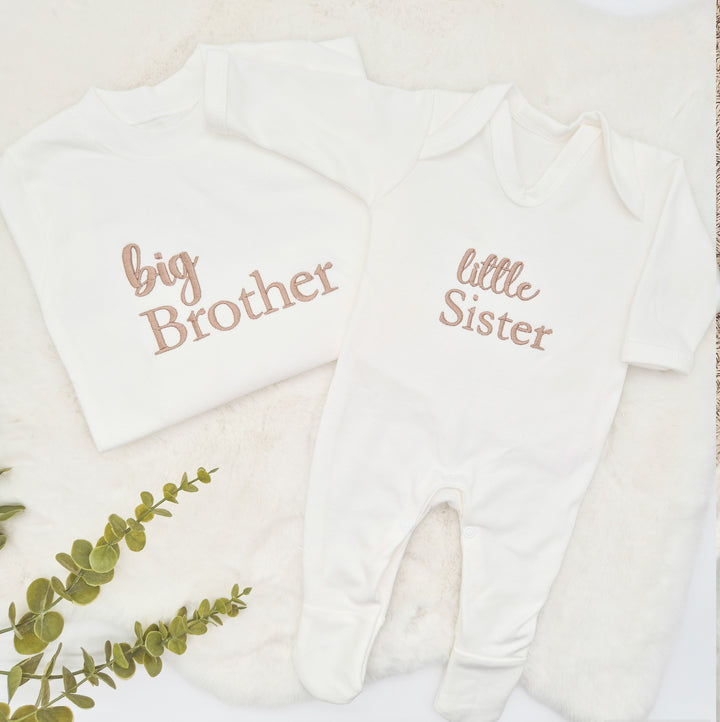 Personalised Embroidered Script Sibling Matching Babygrow/T-shirt