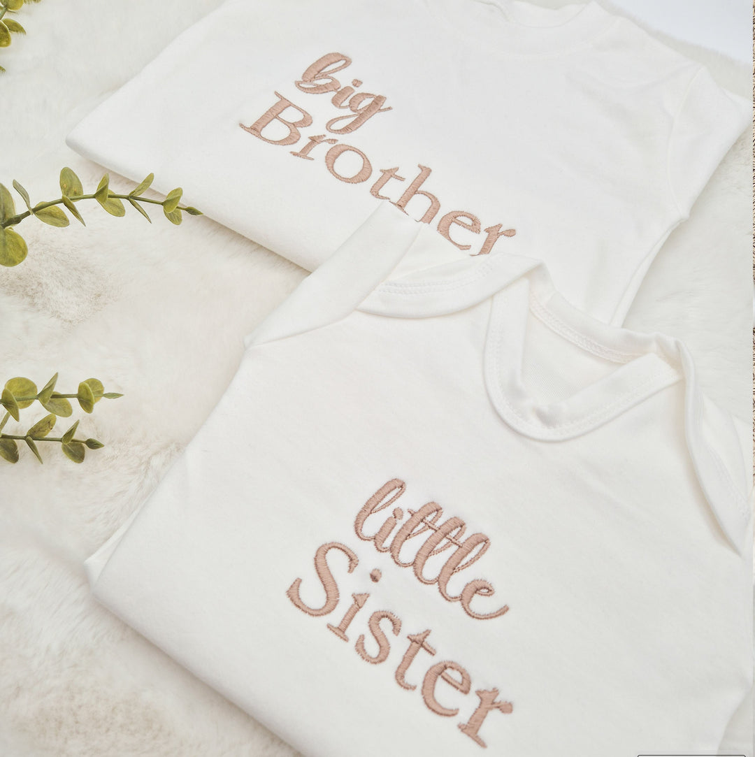 Personalised Embroidered Script Sibling Matching Babygrow/T-shirt