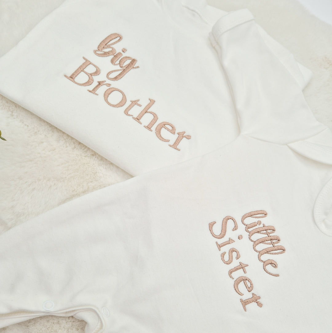 Personalised Embroidered Script Sibling Matching Babygrow/T-shirt