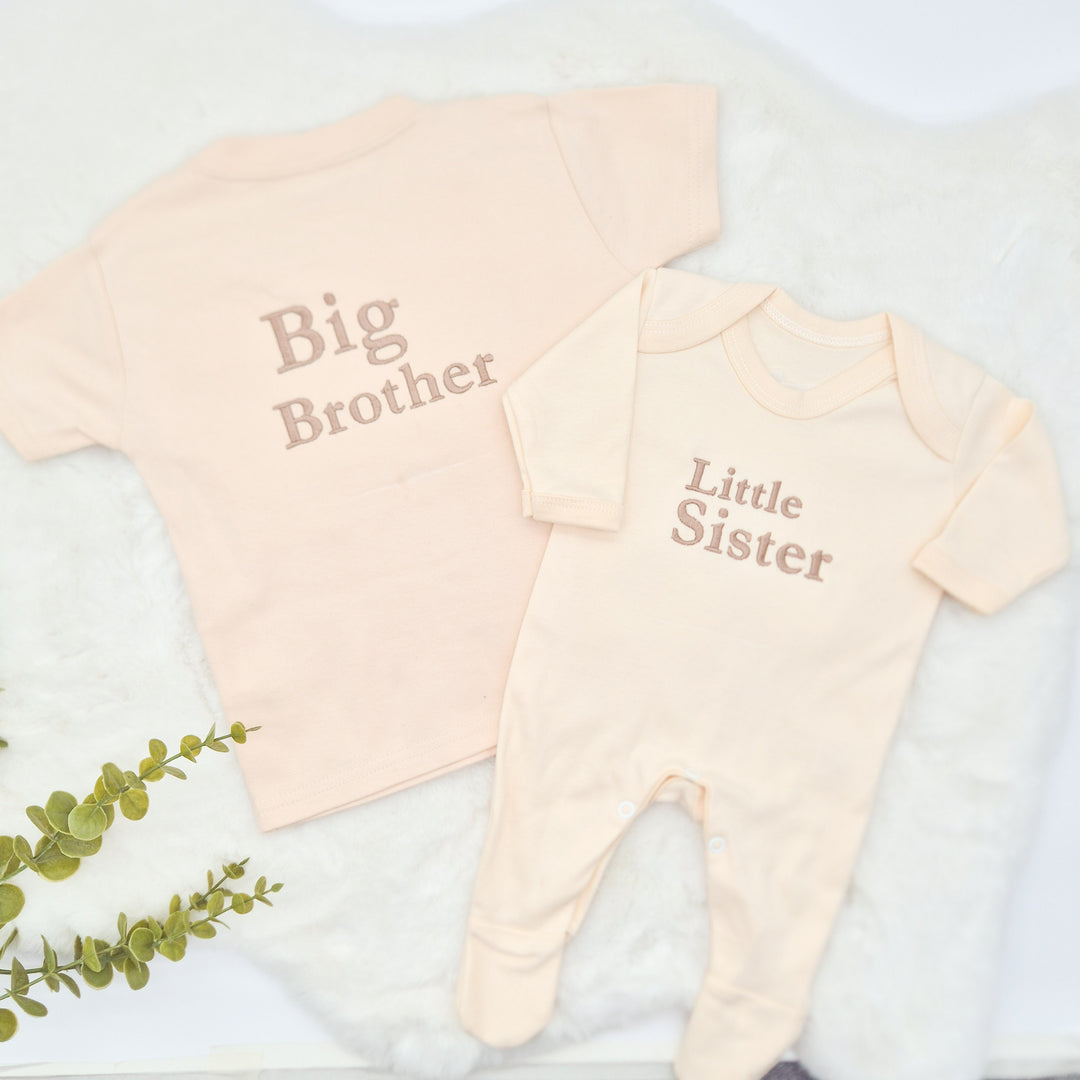 Personalised Embroidered Sibling Matching Beige Babygrow/T-shirt