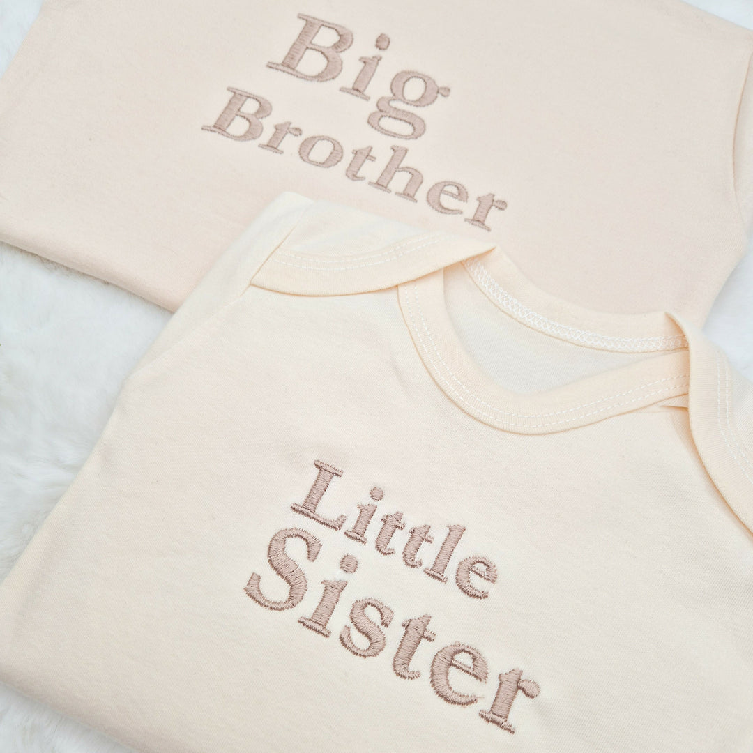 Personalised Embroidered Sibling Matching Beige Babygrow/T-shirt