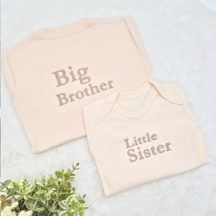 Personalised Embroidered Sibling Matching Beige Babygrow/T-shirt