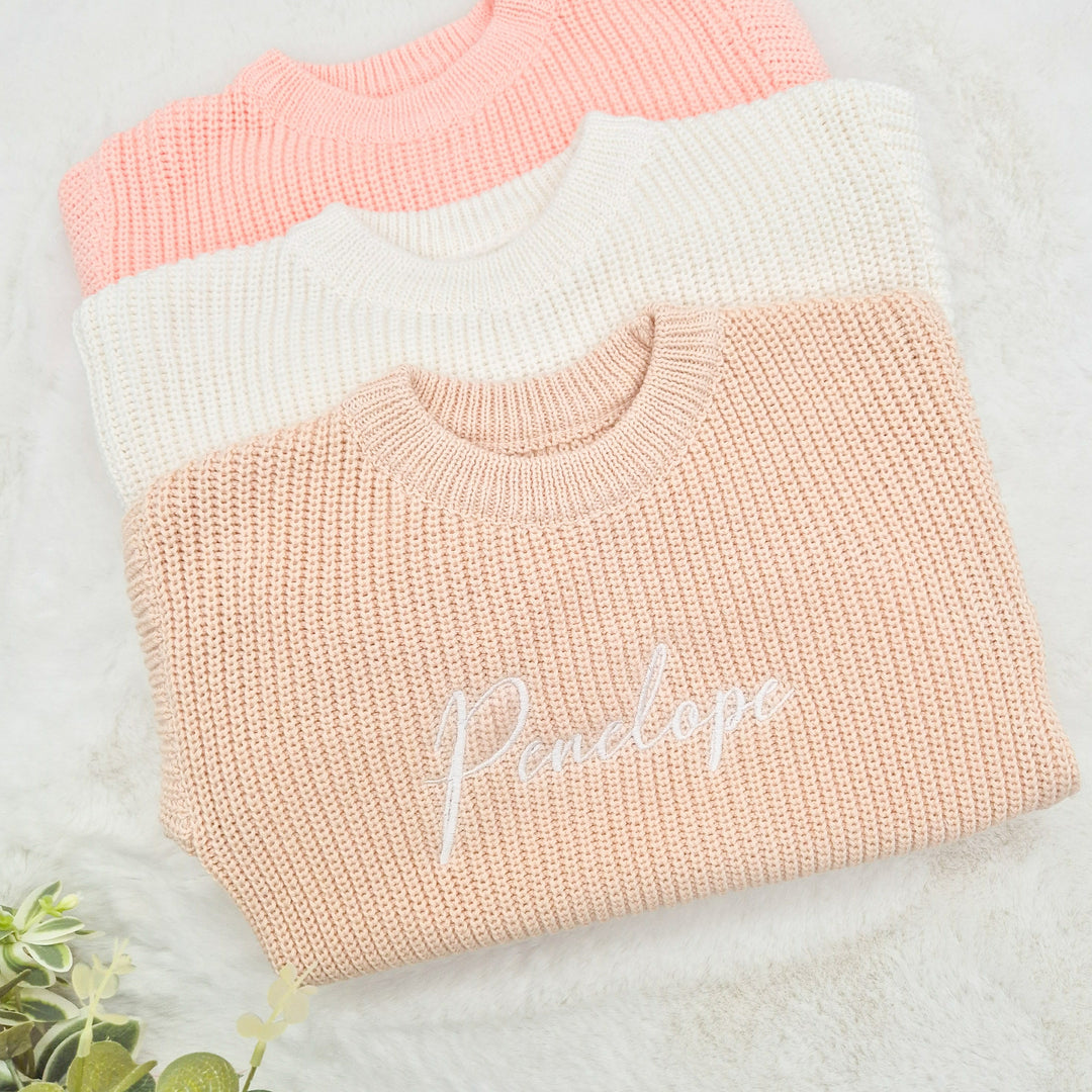 Personalised Script Name Embroidered Oversized Long Sleeve Knitted Romper