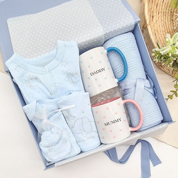 Boys Blue Elephant &amp; Custom Mugs Luxury Gift Hamper Set