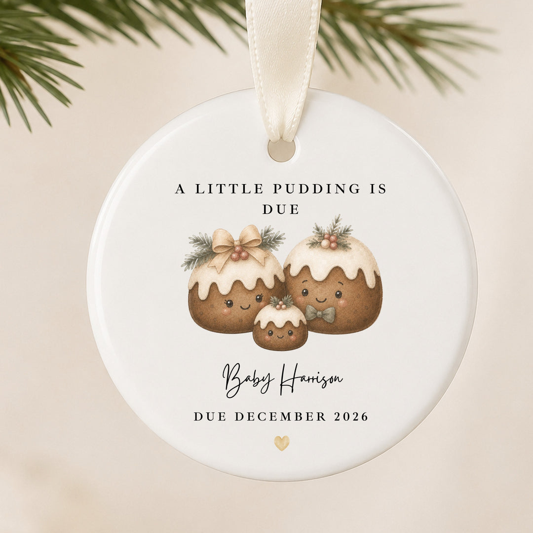 Personalised A Little Pudding Is Due Baby Announcement Christmas Bauble