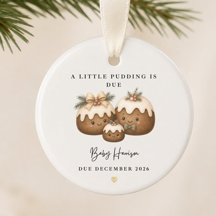 Personalised A Little Pudding Is Due Baby Announcement Christmas Bauble
