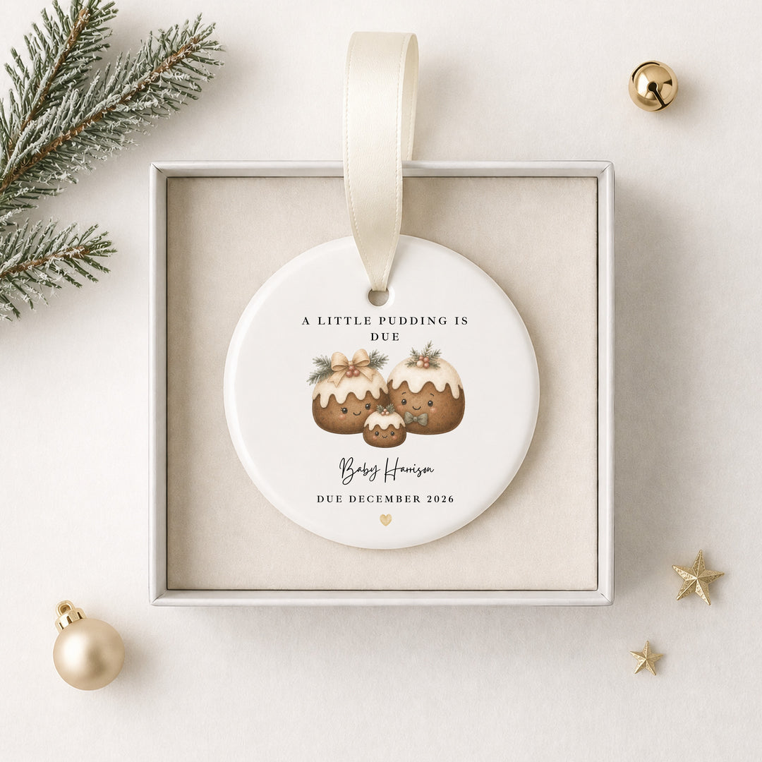 Personalised A Little Pudding Is Due Baby Announcement Christmas Bauble