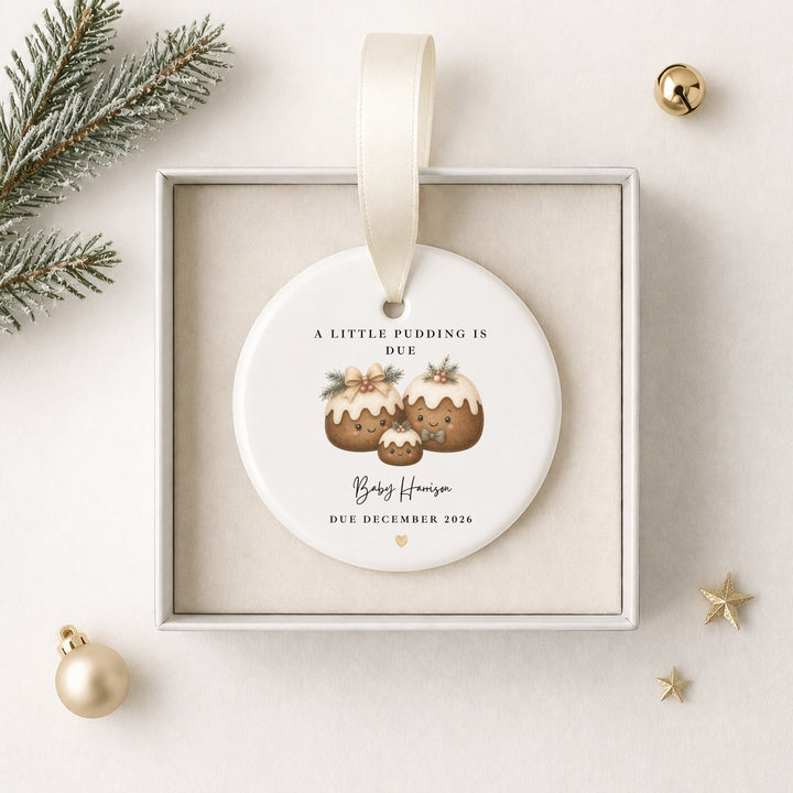Personalised A Little Pudding Is Due Baby Announcement Christmas Bauble