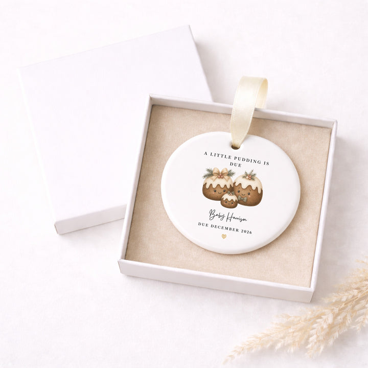 Personalised A Little Pudding Is Due Baby Announcement Christmas Bauble