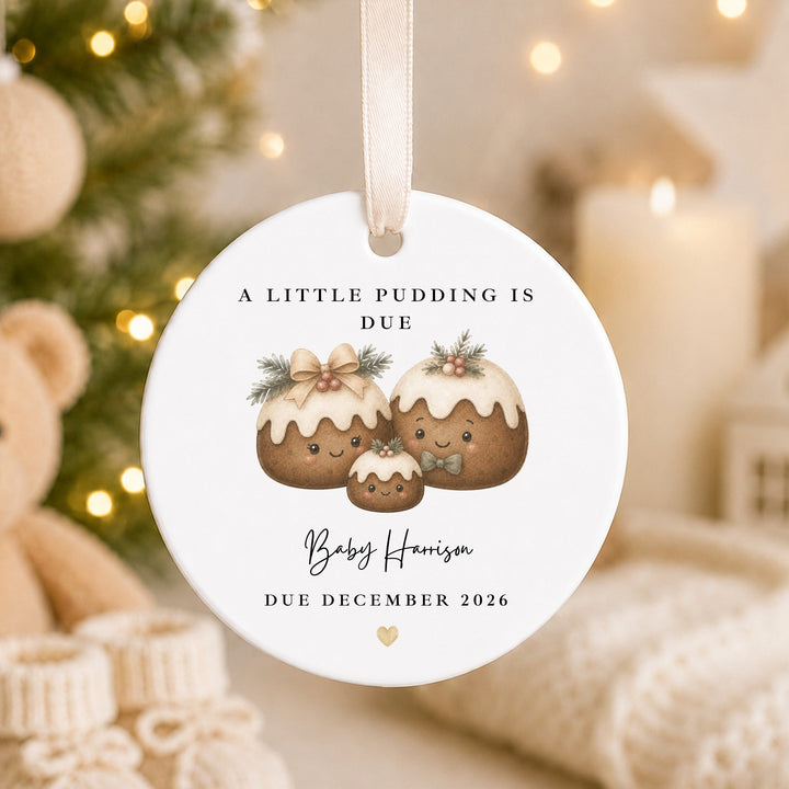 Personalised A Little Pudding Is Due Baby Announcement Christmas Bauble