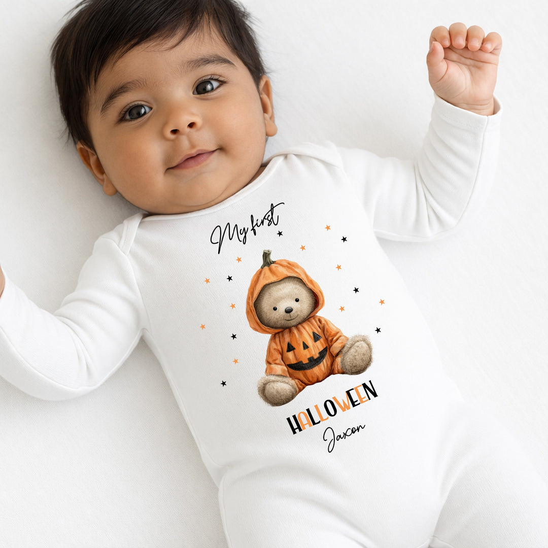 Personalised Pumpkin Teddy My First Halloween Baby Grow or Vest