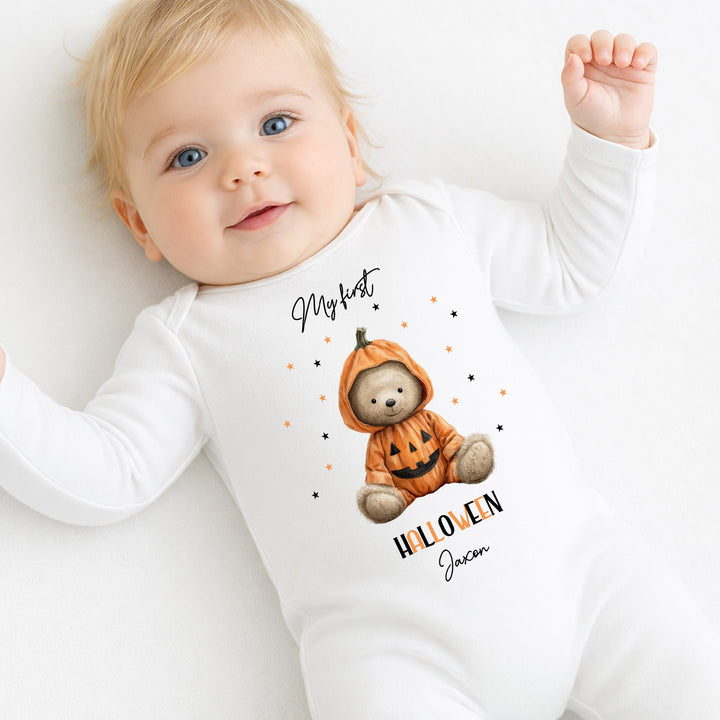Personalised Pumpkin Teddy My First Halloween Baby Grow or Vest
