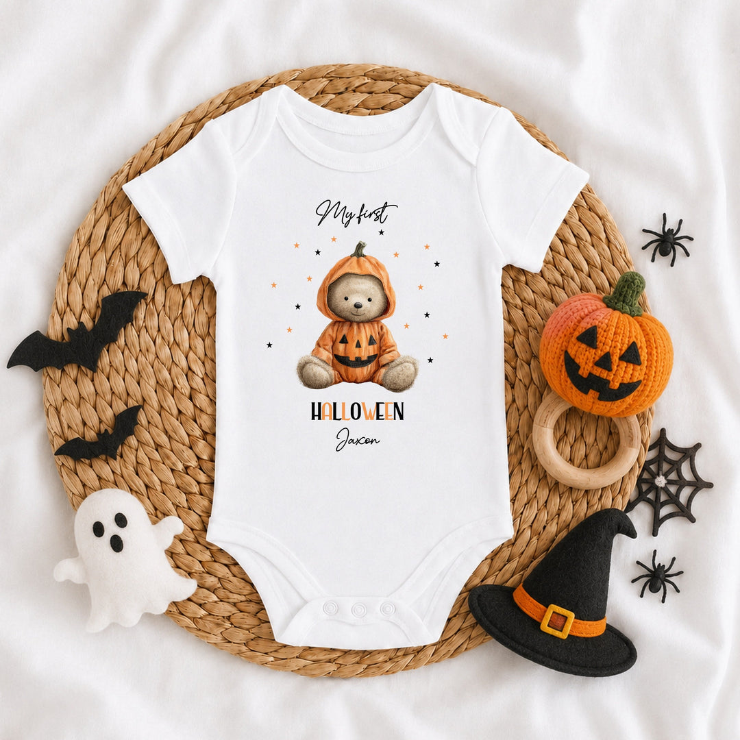 Personalised Pumpkin Teddy My First Halloween Baby Grow or Vest