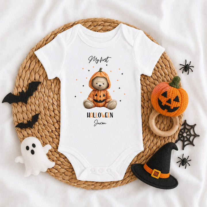 Personalised Pumpkin Teddy My First Halloween Baby Grow or Vest