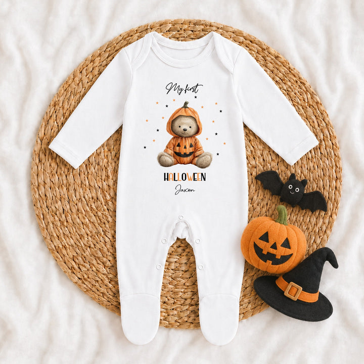Personalised Pumpkin Teddy My First Halloween Baby Grow or Vest