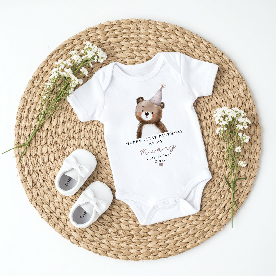 Personalised Bear Happy Birthday Mummy Baby Grow/Vest