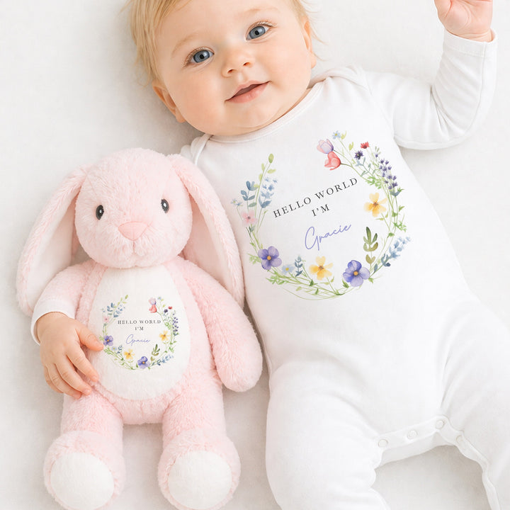 Personalised Floral Wreath Baby Grow &amp; Pink Rabbit Set