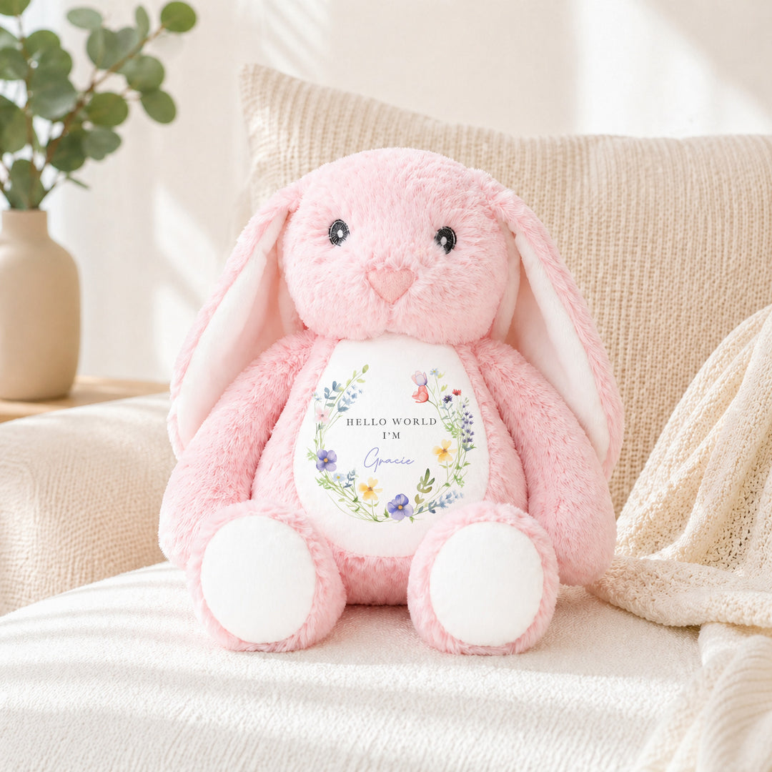 Personalised Floral Wreath Baby Grow &amp; Pink Rabbit Set