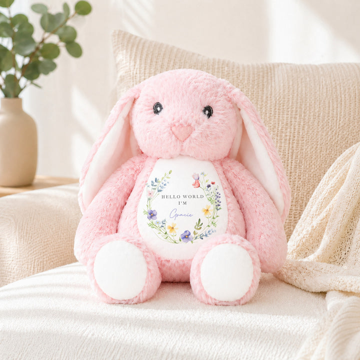 Personalised Floral Wreath Baby Grow &amp; Pink Rabbit Set
