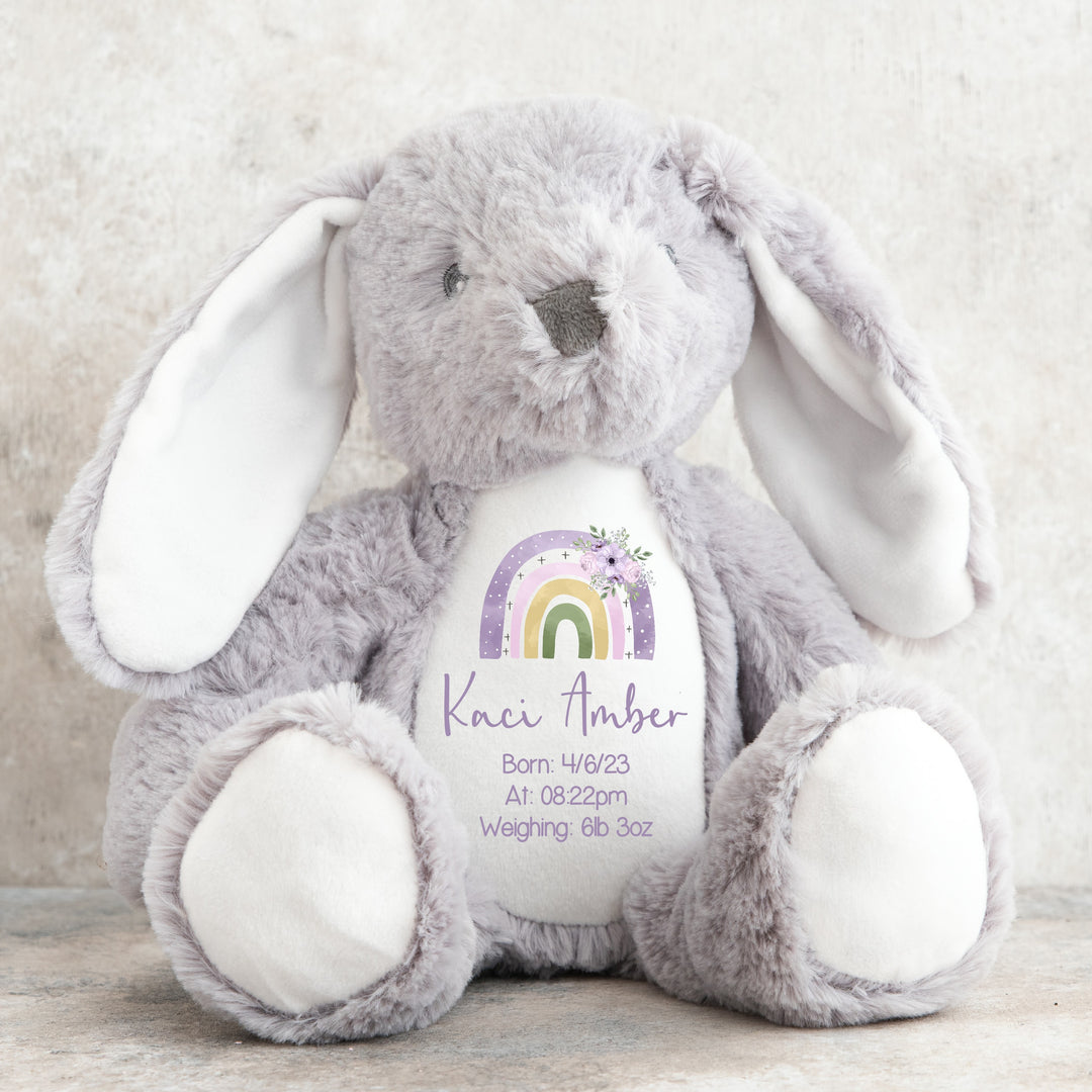 Personalised Purple Floral Rainbow Birth Announcement Teddy