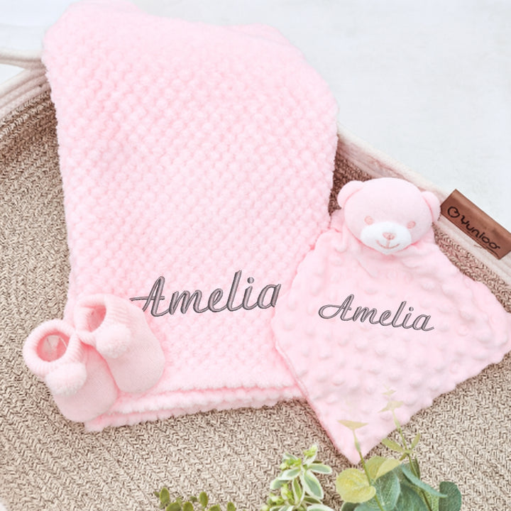 Embroidered Pink Dimple Blanket and Comforter Gift Set